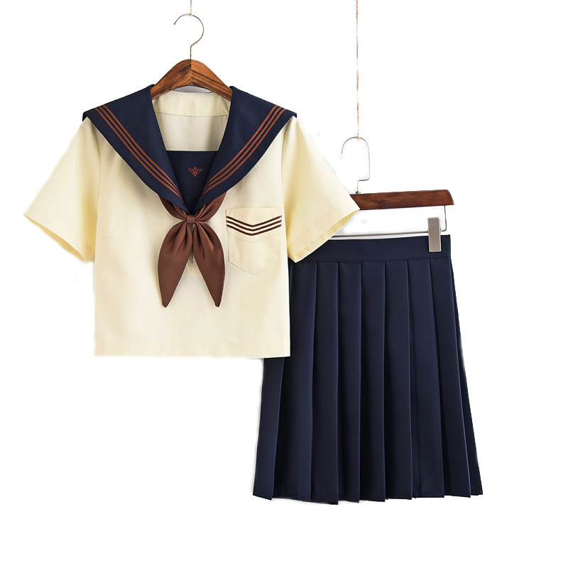 JK 복장 라이트 옐로우 넥 해군 선원 복장 일본 학교 제복 복장 소녀 Pleated 치마 Vestidos 빈티지 블랙 드레스